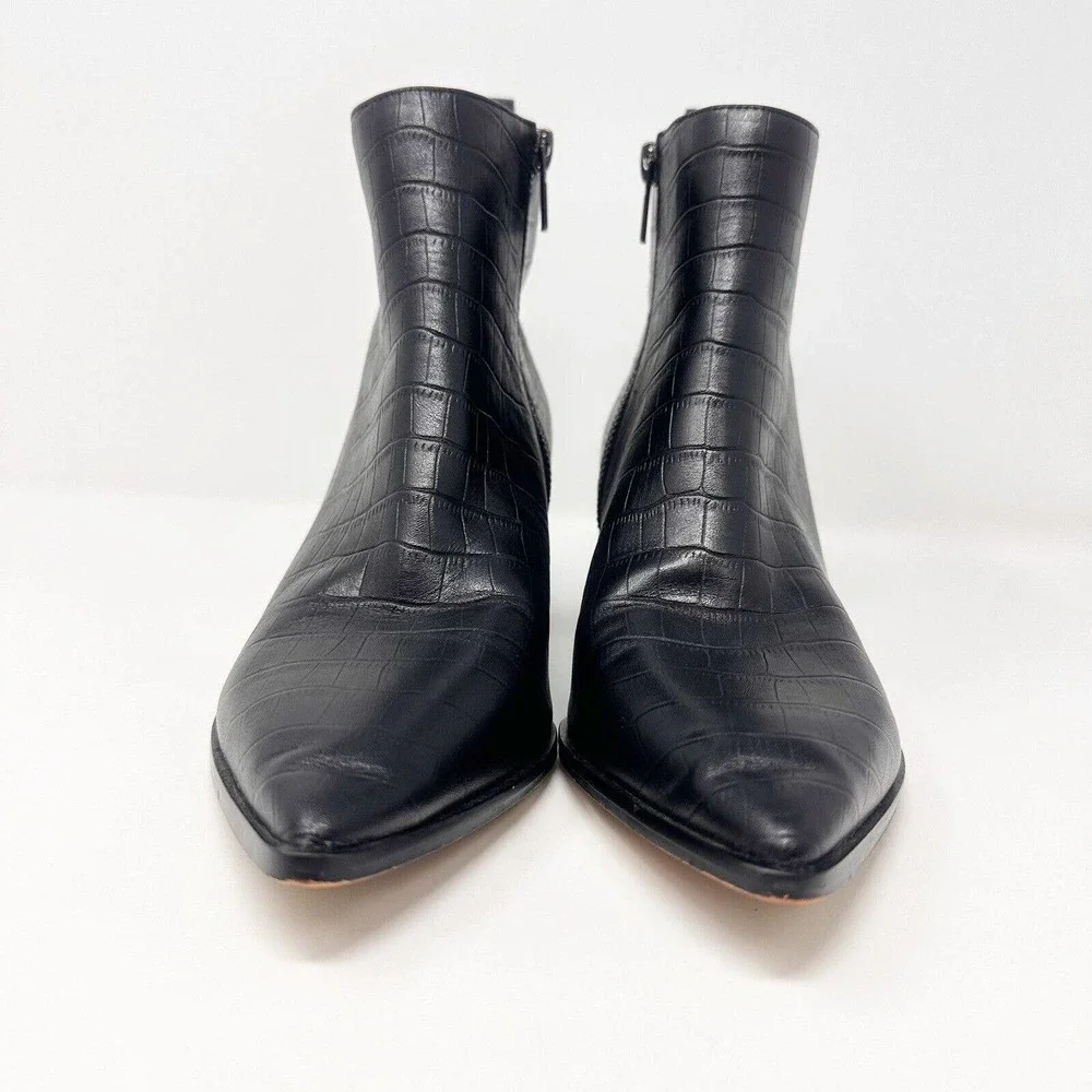 Saks Fifth Avenue Ankle Bootie Sz 7.5M Emerson Croc-embossed Leather Block Heel